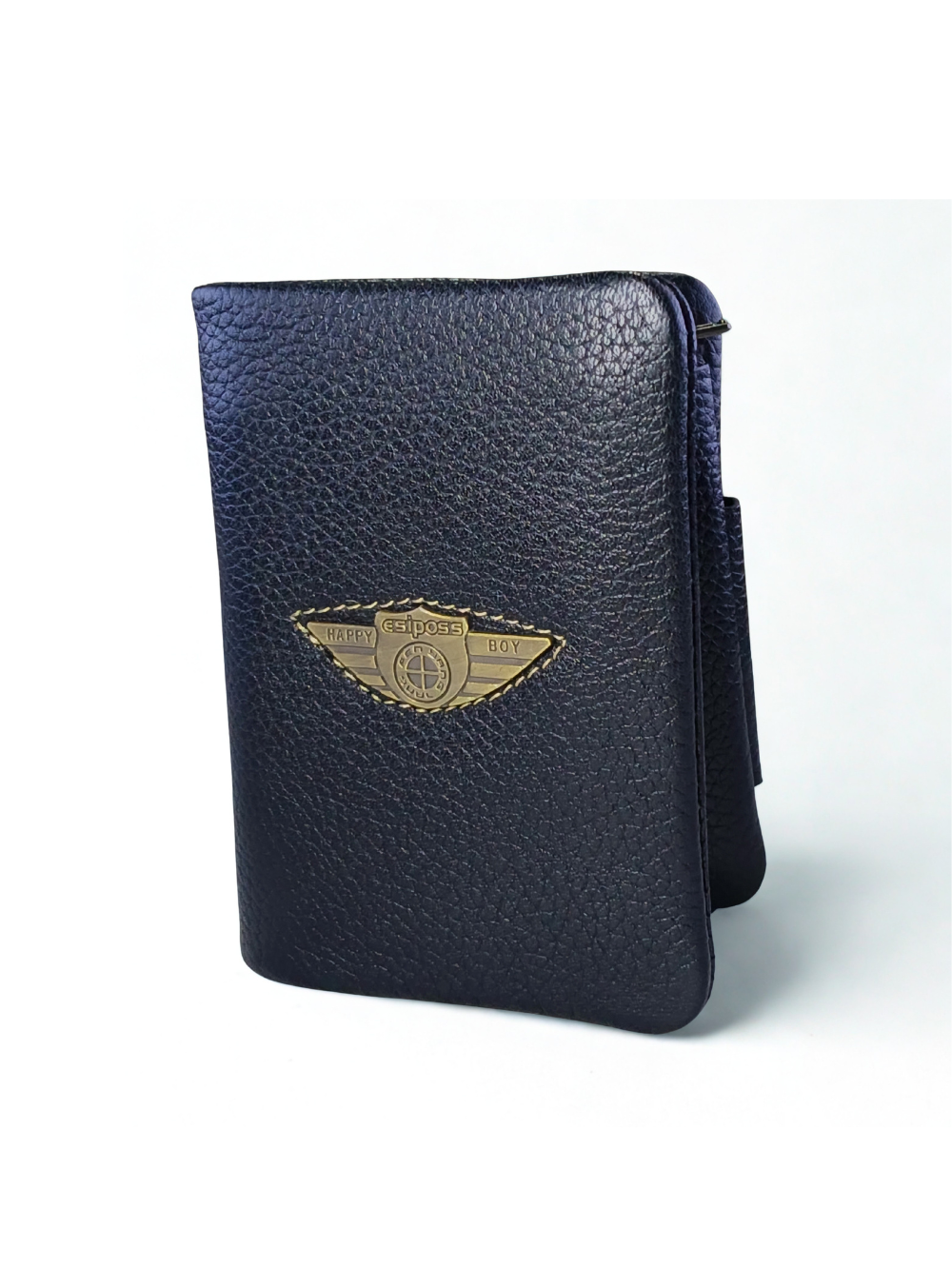 Esiposs black pebbled leather men wallet with vintage metal wing badge standing vertical
