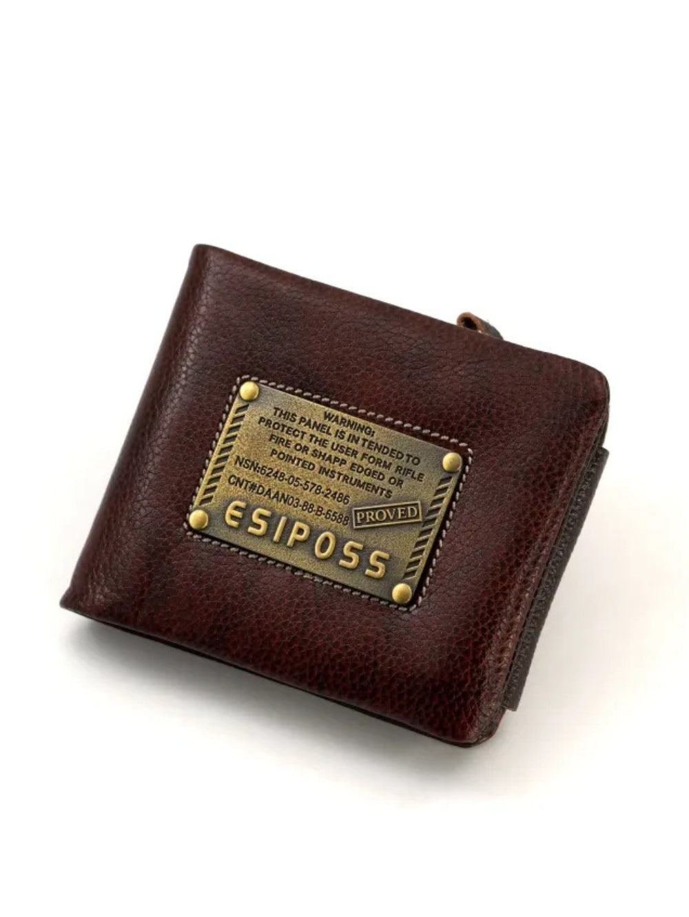 Esiposs brown pebbled leather wallet with riveted metallic warning plate logo