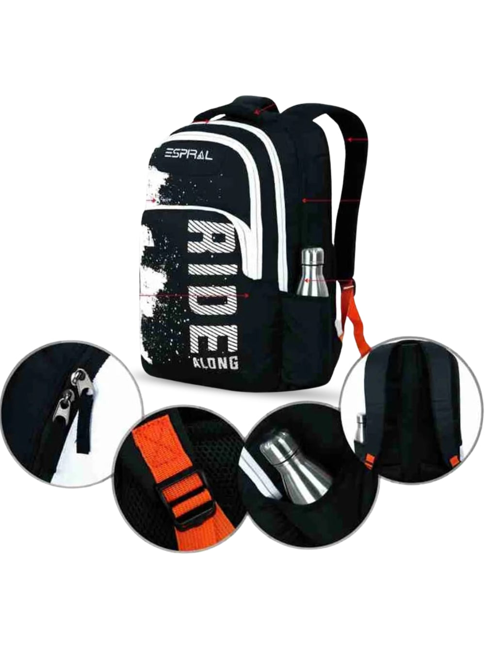 ESPIRAL Ride Along backpack details showing side bottle pocket padded shoulder strap and zippers
