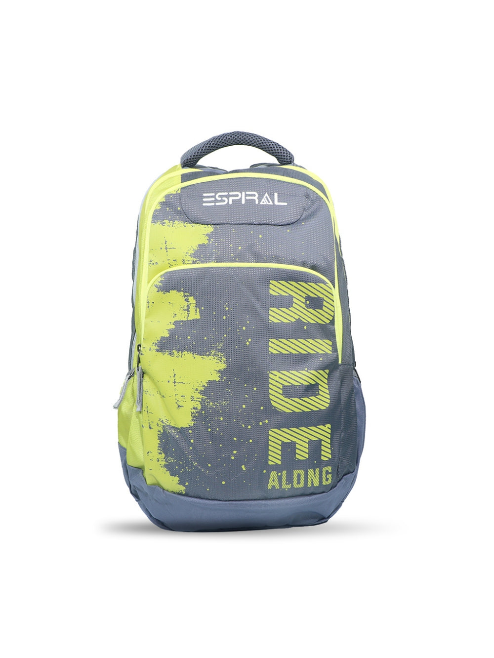 ESPIRAL Ride Along grey and neon yellow lightweight college backpack front view