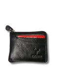 Front view of black full grain leather zip-around wallet with quick-access card slot and logo