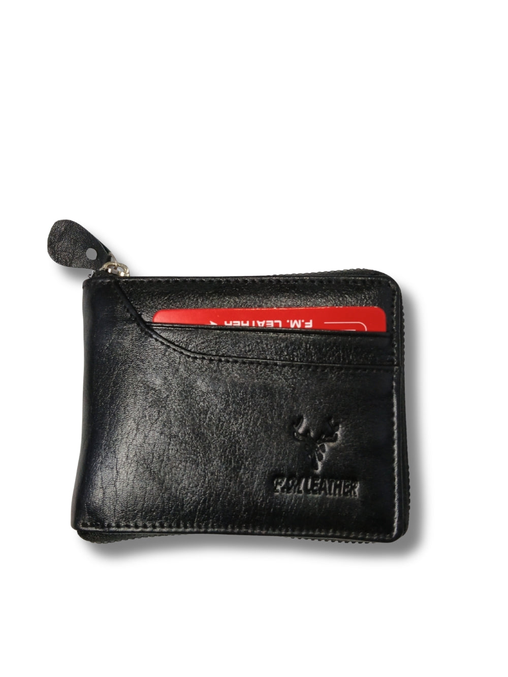 Front view of black full grain leather zip-around wallet with quick-access card slot and logo