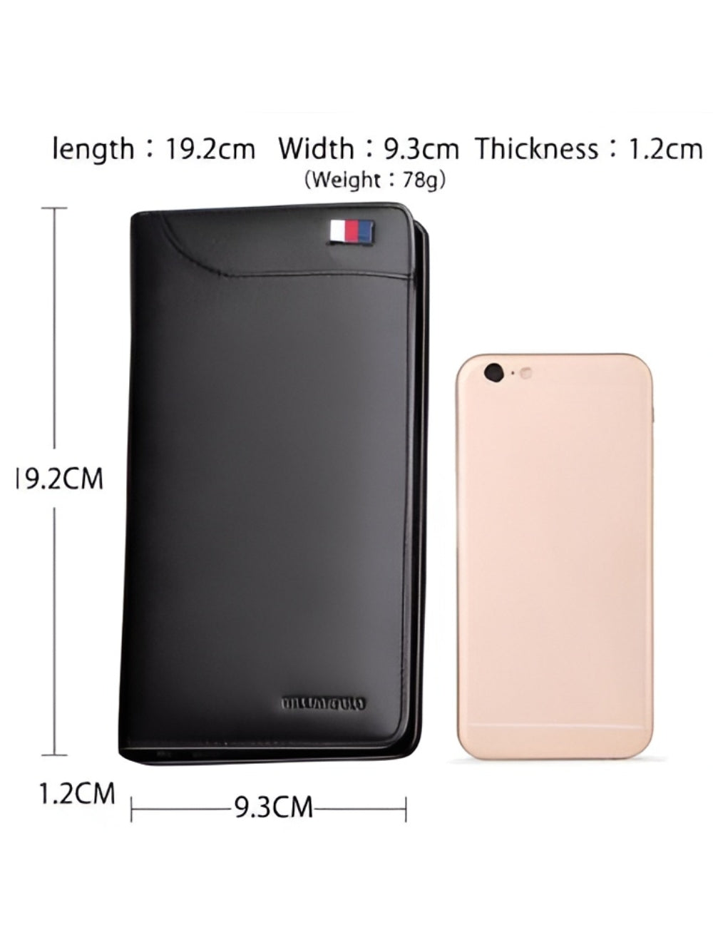 Black genuine cow leather long wallet size dimensions diagram 19.2 cm by 9.3 cm by 1.2 cm weighing 78g next to smartphone