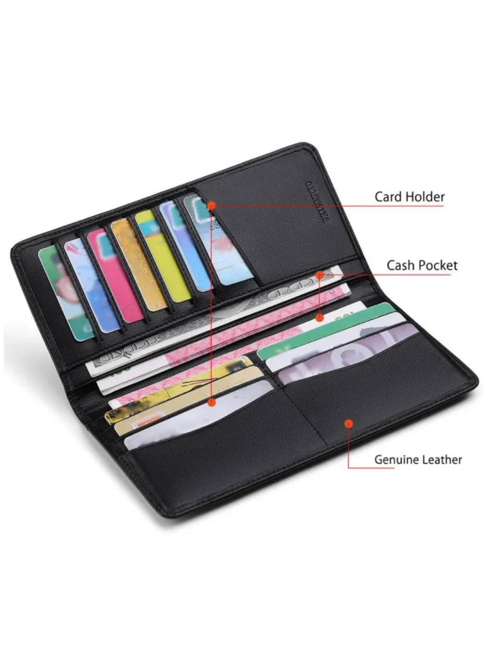 Genuine cow leather long wallet interior layout showing card holder slots and cash pocket