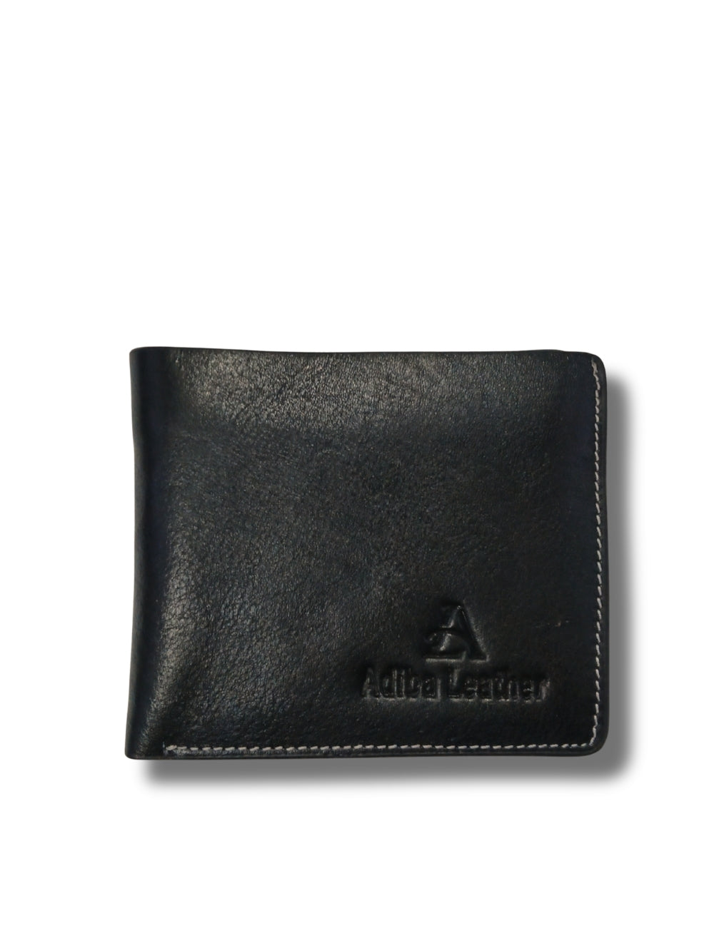 Front view of black genuine leather men's bi-fold wallet featuring contrast stitching and logo