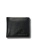 Front view of black genuine leather men's bi-fold wallet featuring contrast stitching and logo