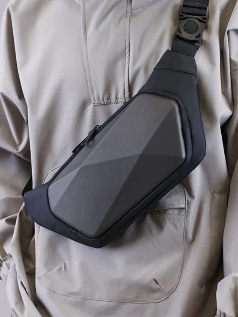 grey outdoor cycling motorcycle hard shell sling bag front view