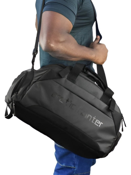 LAVIZAR 4-in-1 waterproof travel gym duffle bag worn on shoulder lifestyle shot