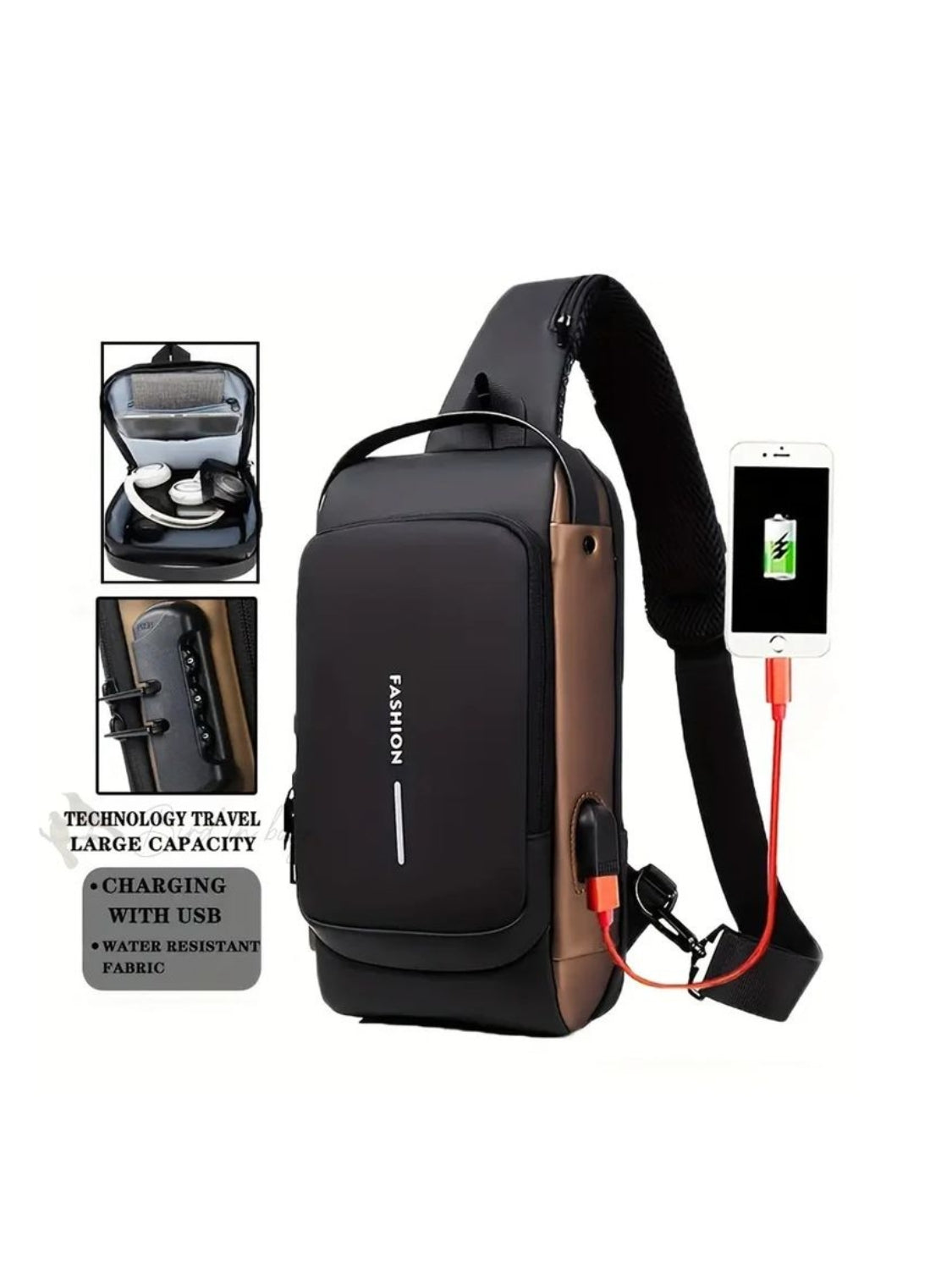 LAVIZAR water resistant USB chest pack for men commuting and travel