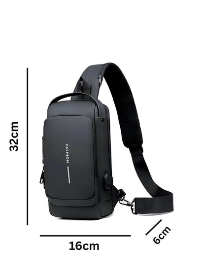 LAVIZAR solid black anti theft shoulder sling bag front view showing size structure
