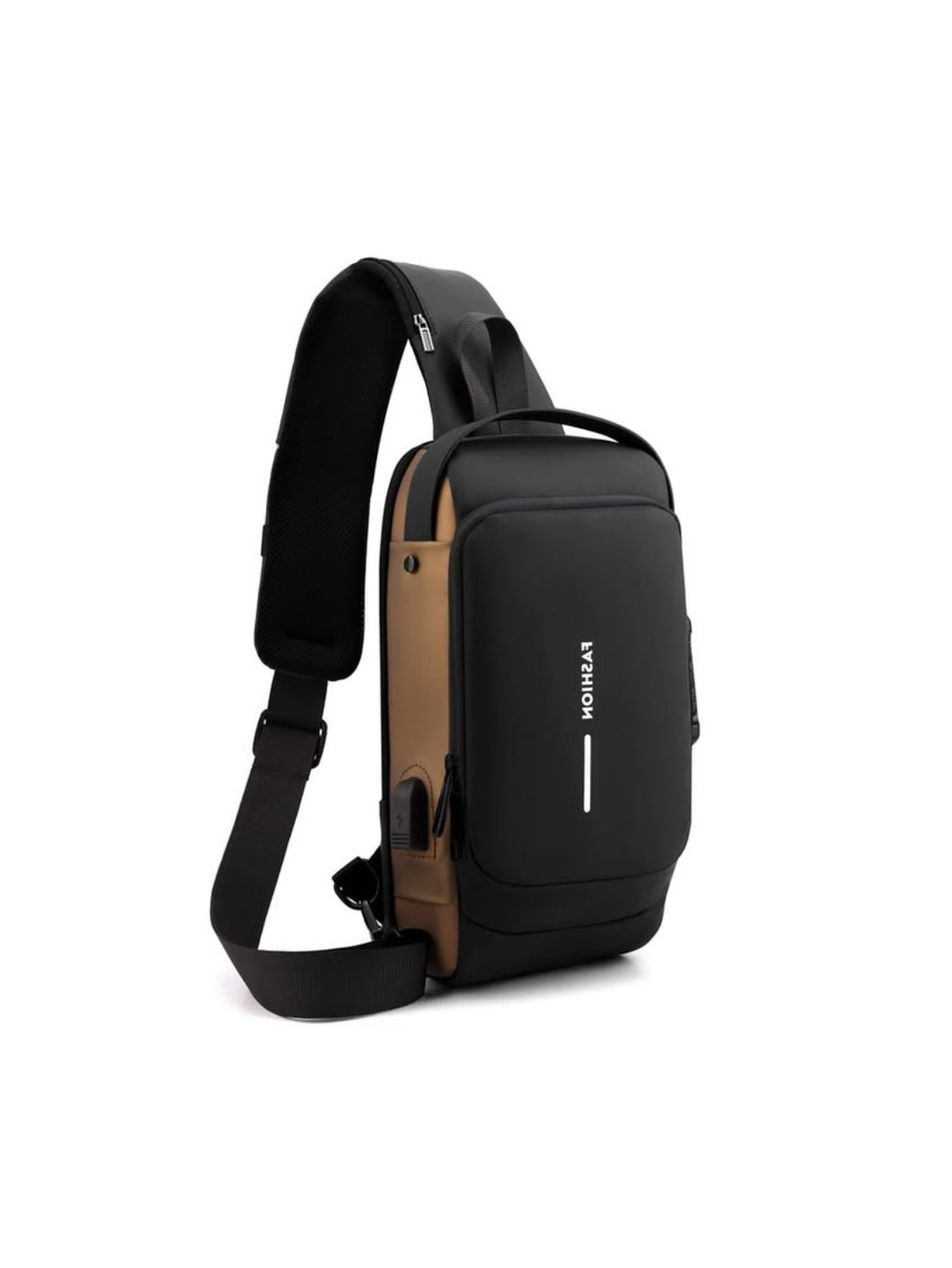 anti theft crossbody sling bag black with bronze side accent and phone plugged into USB port