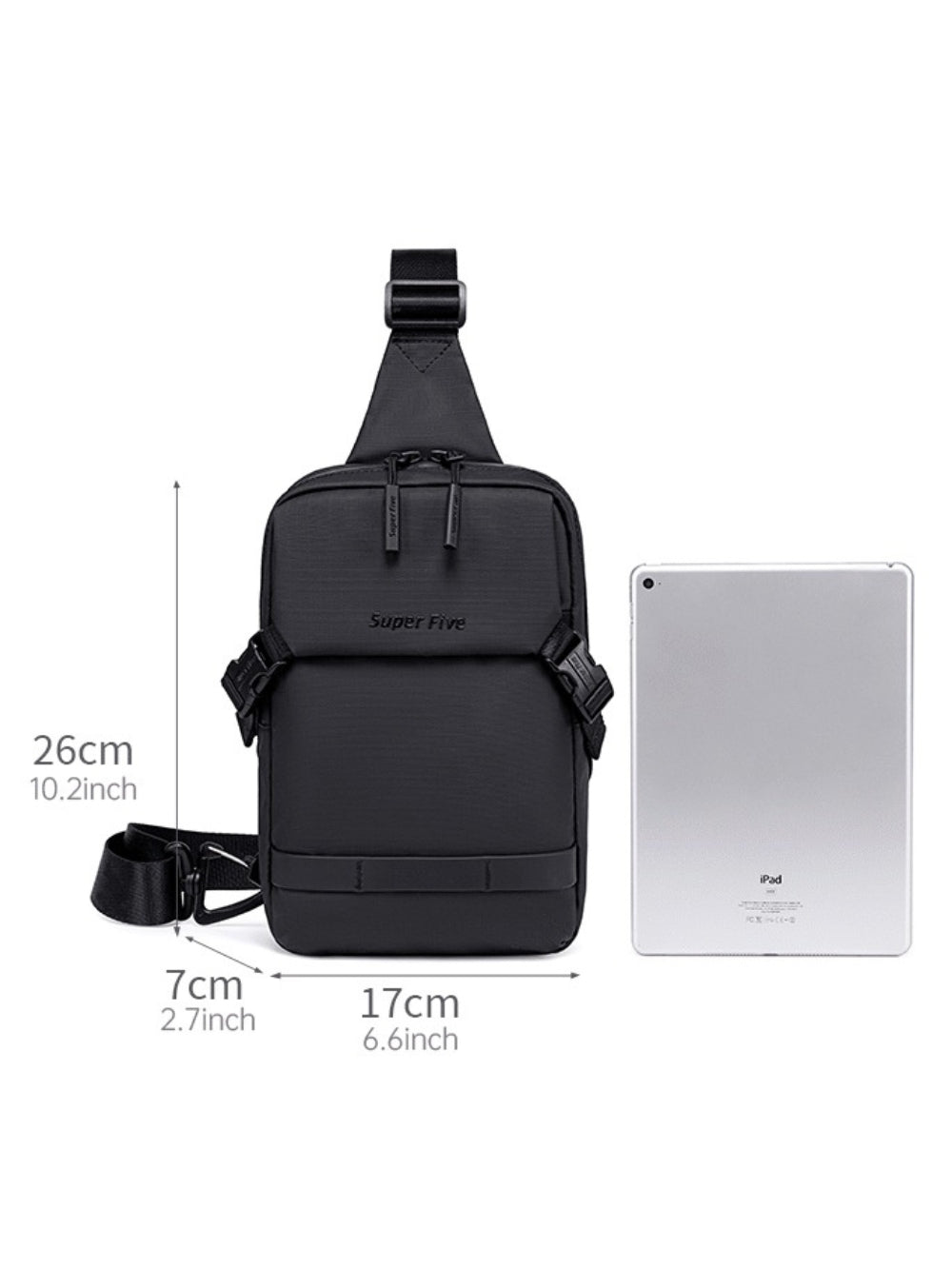 LAVIZAR anti-theft crossbody sling bag dimensions shown alongside an iPad