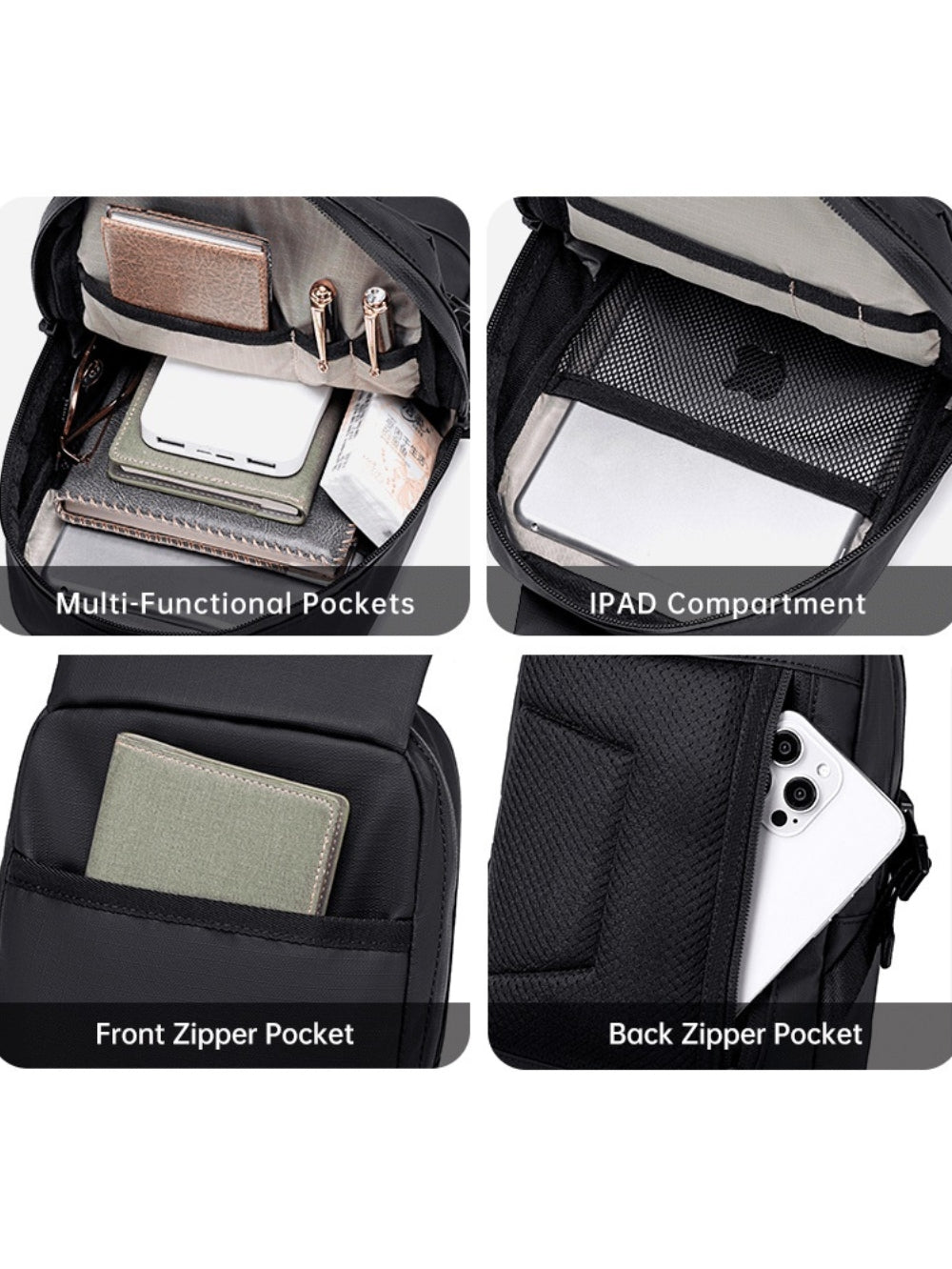 LAVIZAR anti-theft sling bag interior pockets iPad compartment and hidden rear zipper pocket detail