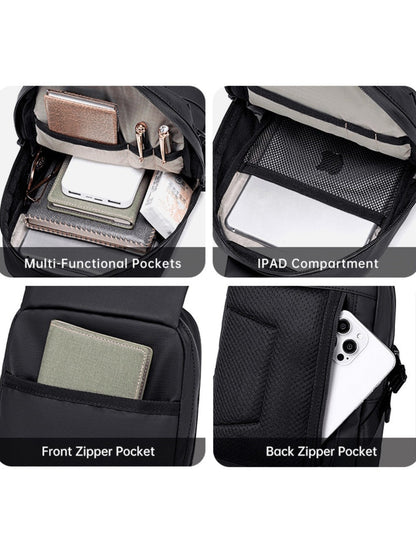 LAVIZAR anti-theft sling bag interior pockets iPad compartment and hidden rear zipper pocket detail
