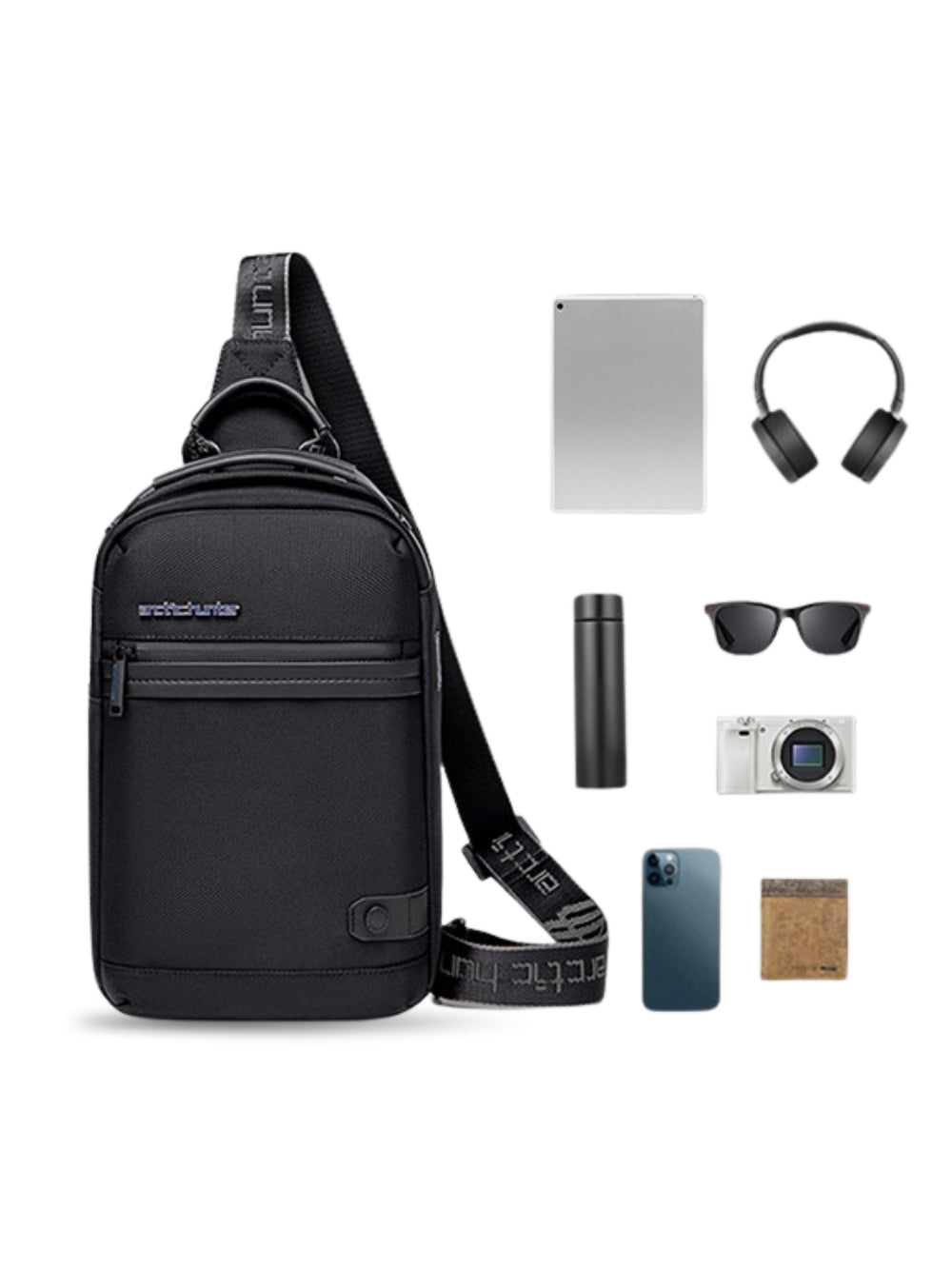 LAVIZAR anti-theft crossbody sling bag shown next to daily essentials tablet headphones bottle camera