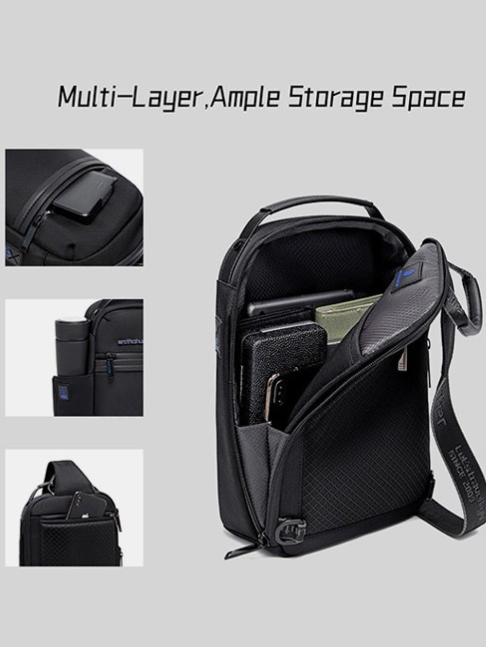 LAVIZAR crossbody sling bag multi-layer interior storage compartments and side pocket breakdown