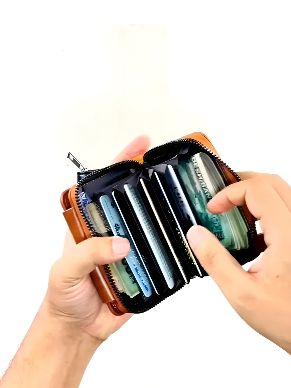 LAVIZAR tan double buckle leather card holder wallet open front view