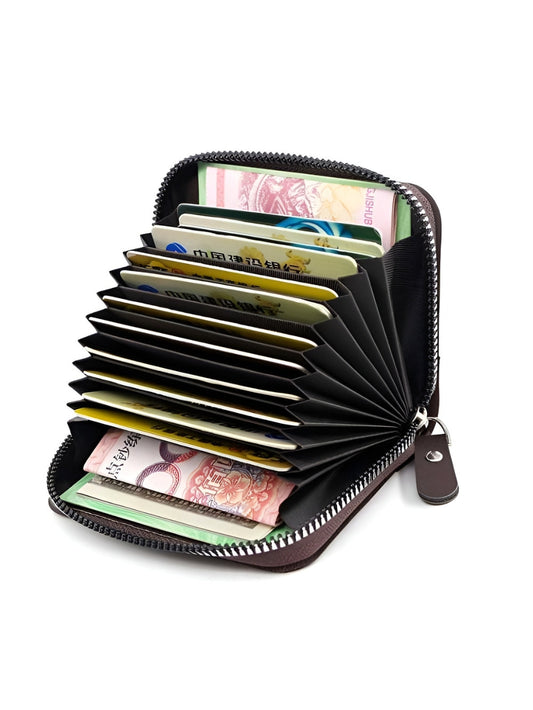 LAVIZAR brown leather card holder wallet with open accordion zip vault showing cards