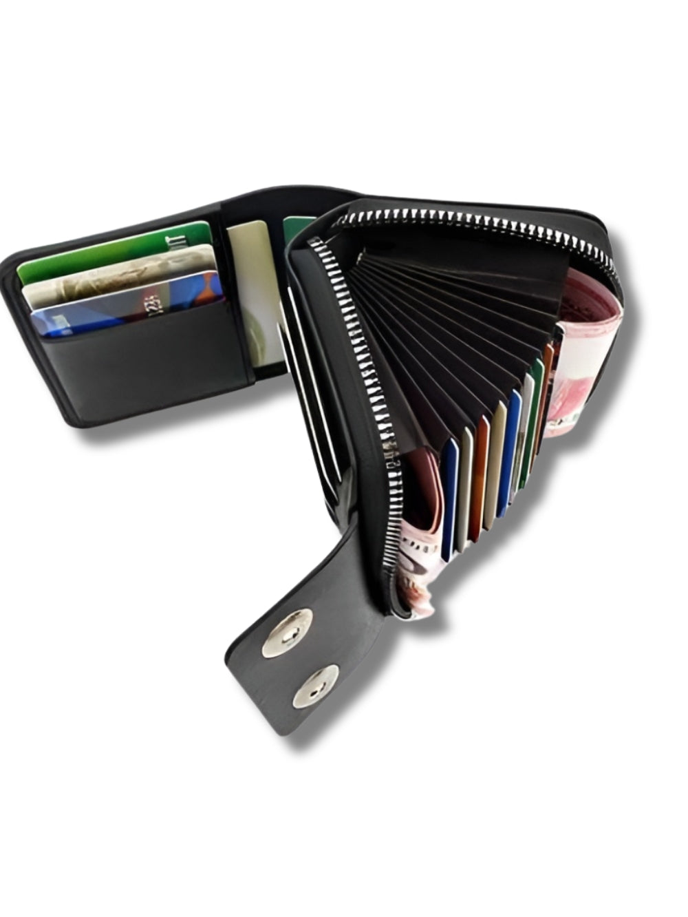 LAVIZAR black double buckle leather card wallet open showing bifold and accordion sections