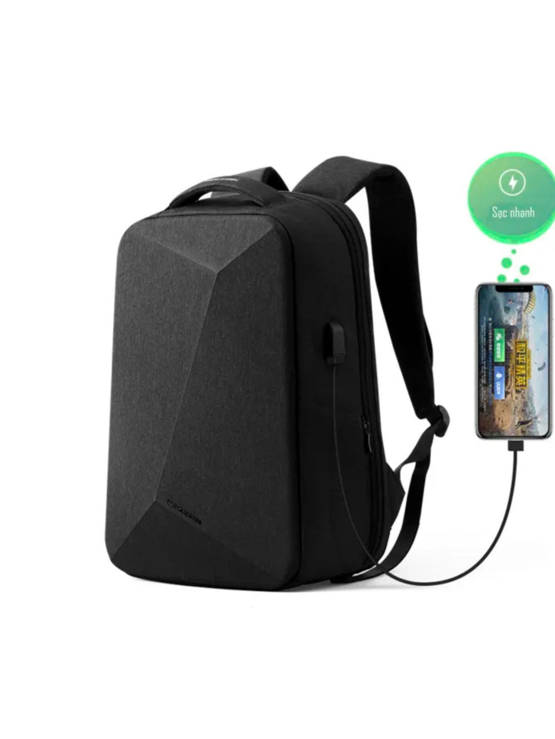 LAVIZAR tech backpack with external USB charging port plugged into phone