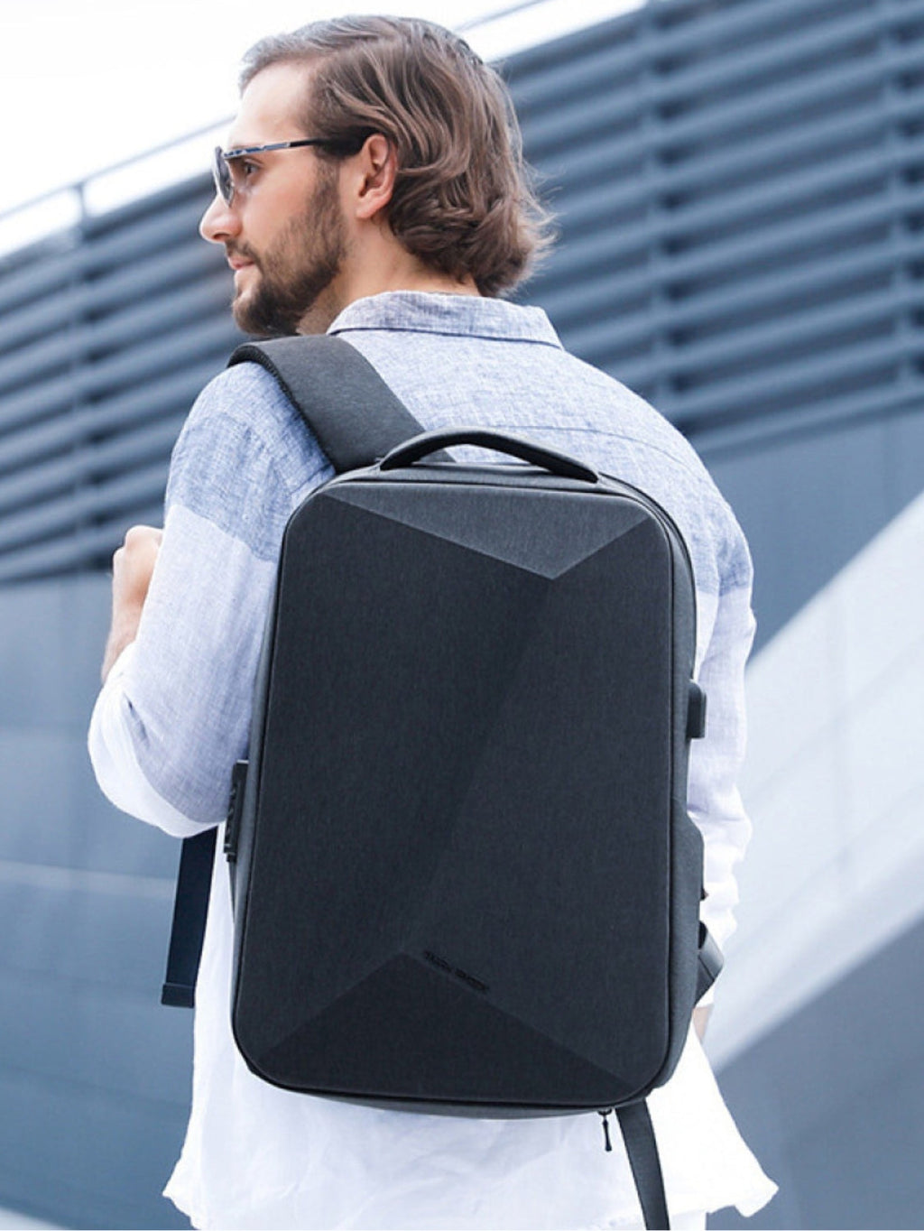 LAVIZAR men wearing black geometric business laptop backpack outdoors