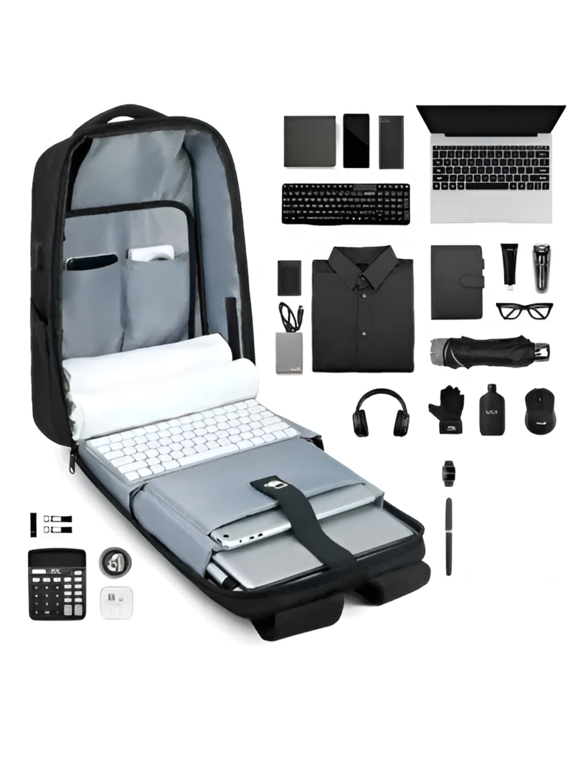 LAVIZAR black geometric waterproof laptop backpack laying open at 180 degrees with gear