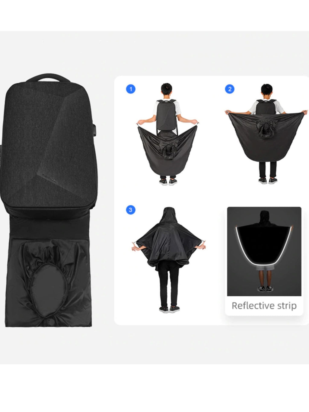 LAVIZAR laptop backpack showing built-in deployable rain poncho with reflective strip