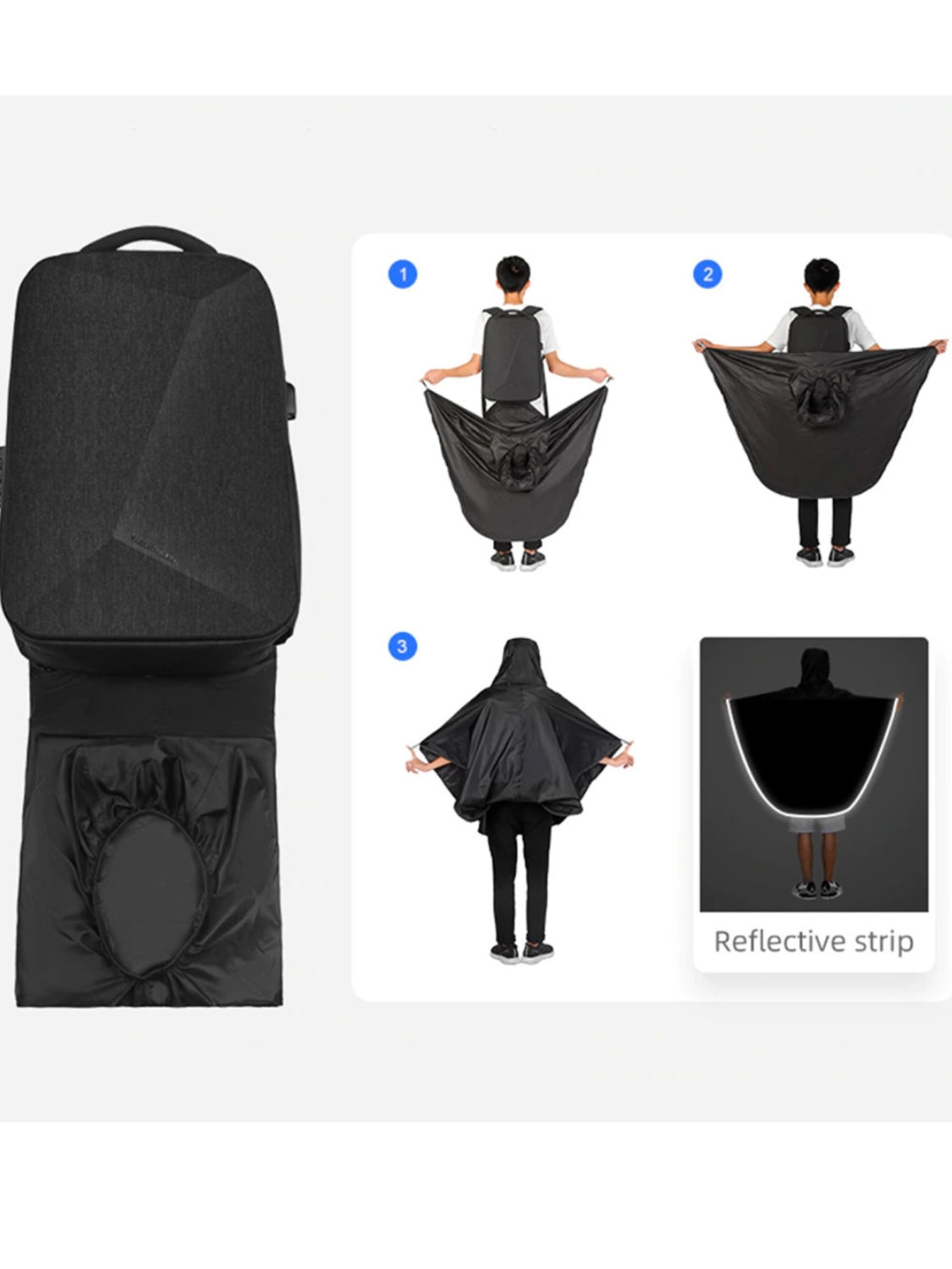 LAVIZAR laptop backpack showing built-in deployable rain poncho with reflective strip
