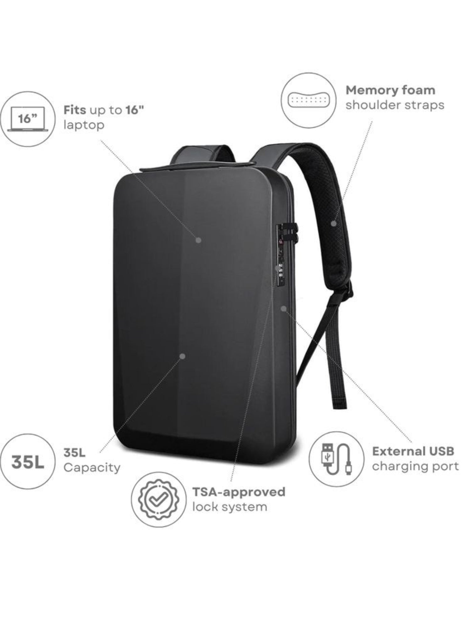 LAVIZAR waterproof business laptop backpack with EVA armor shell in black