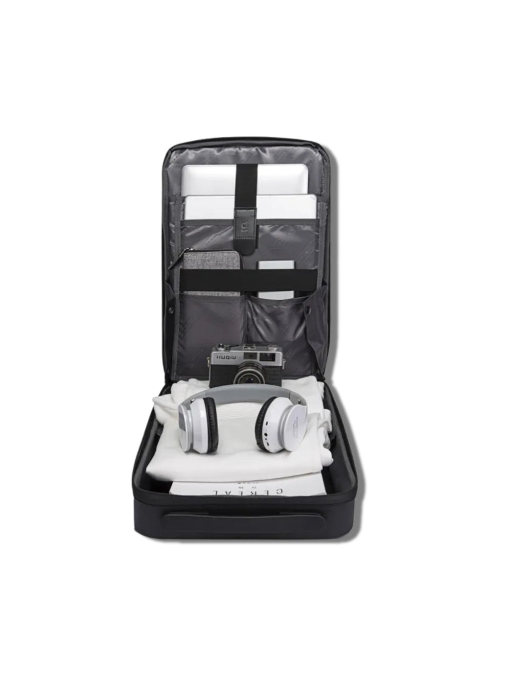 LAVIZAR sleek executive hard shell commuter backpack in solid black and open, inside
