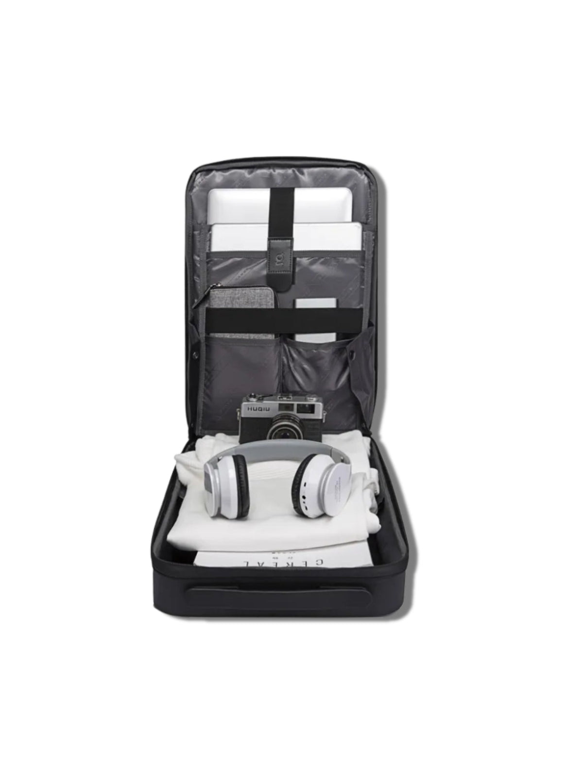 LAVIZAR sleek executive hard shell commuter backpack in solid black and open, inside