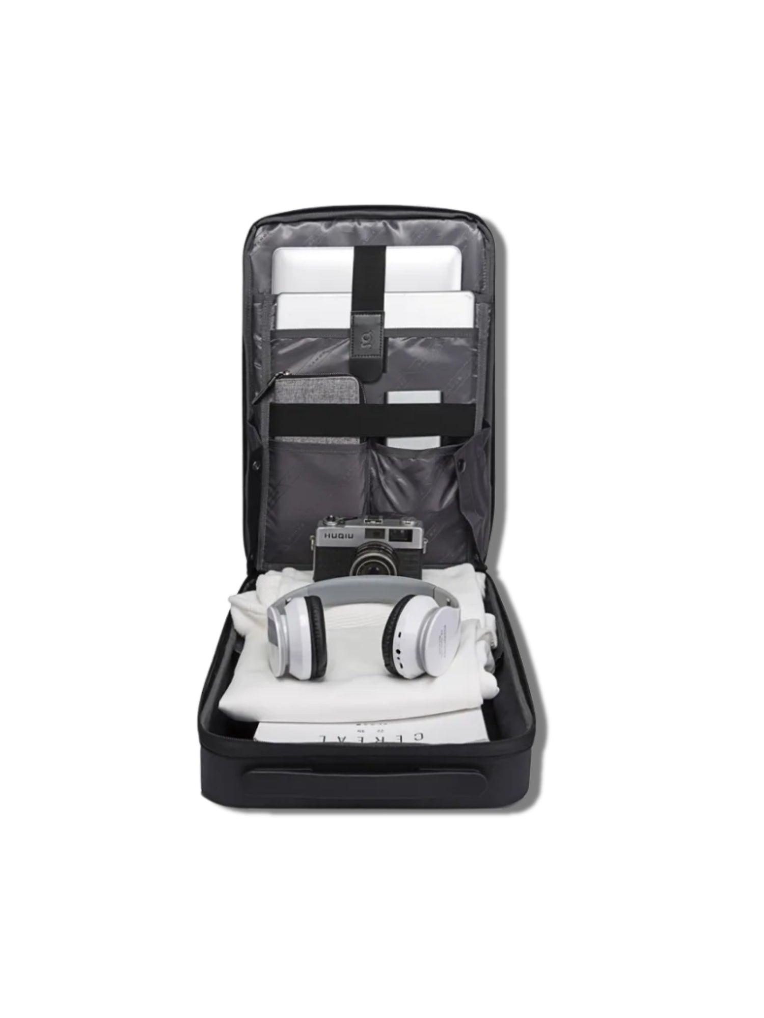 LAVIZAR sleek executive hard shell commuter backpack in solid black and open, inside