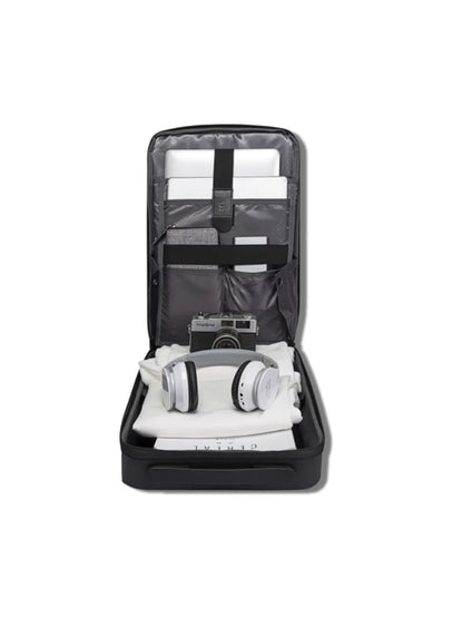 LAVIZAR sleek executive hard shell commuter backpack in solid black and open, inside