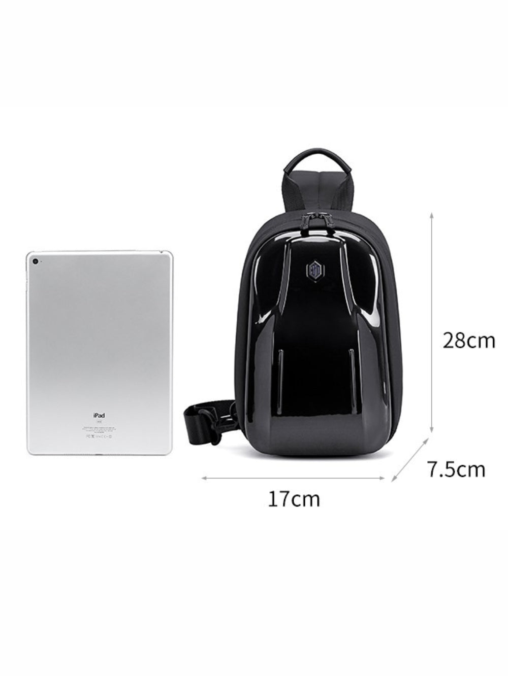 LAVIZAR hard shell sling bag dimensions shown alongside tablet