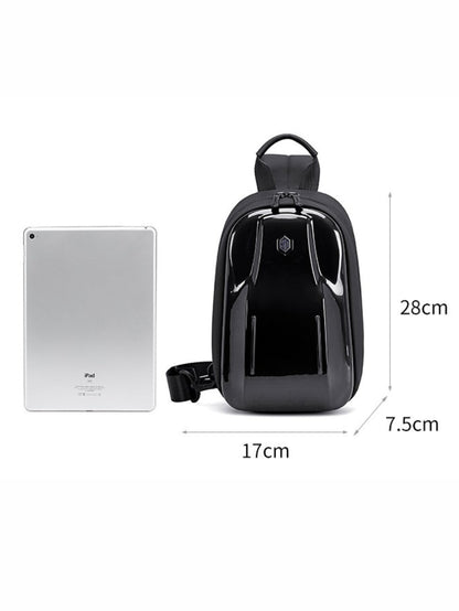 LAVIZAR hard shell sling bag dimensions shown alongside tablet