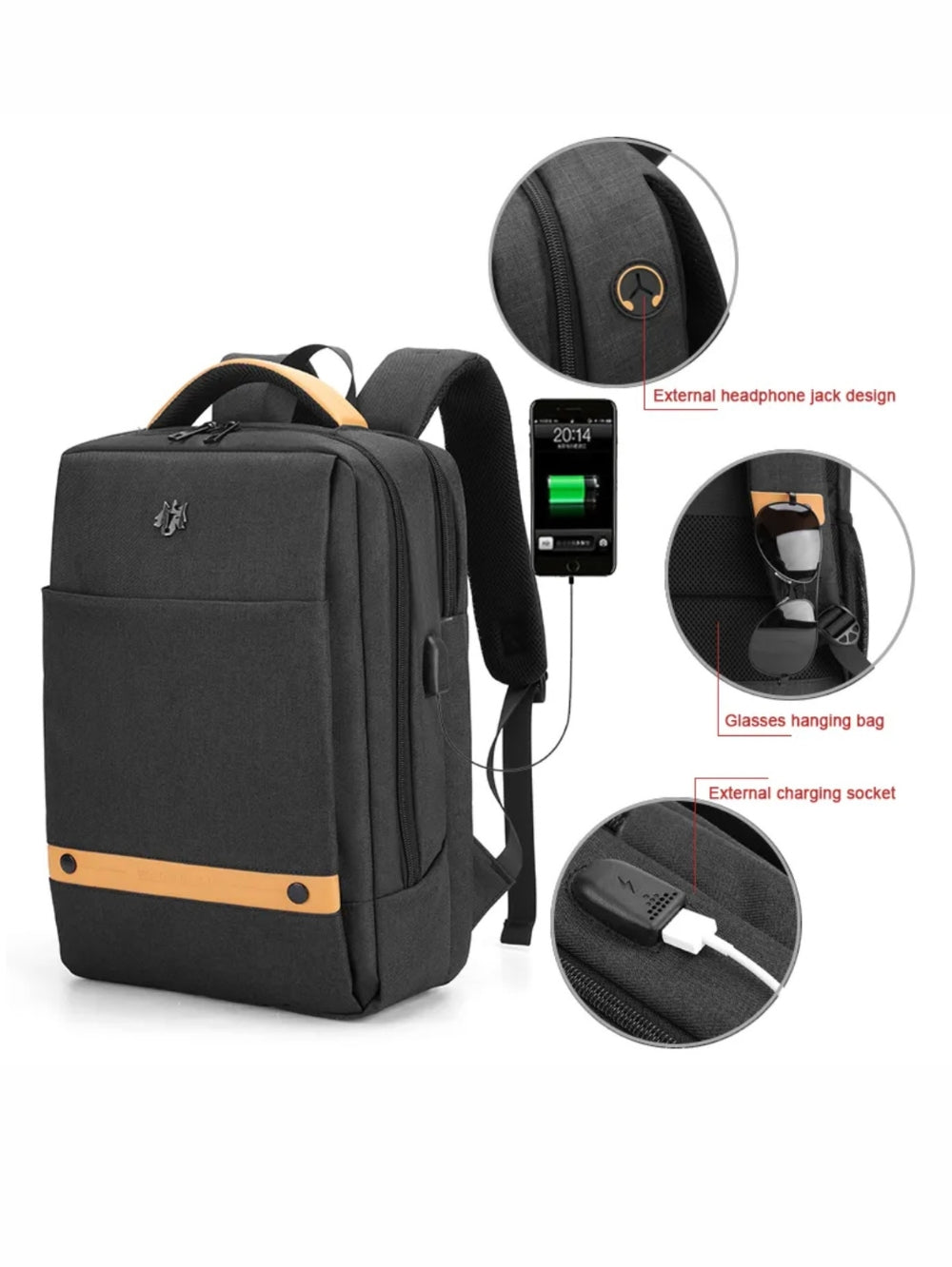 LAVIZAR laptop backpack highlighting external USB charging port headphone jack and glasses strap
