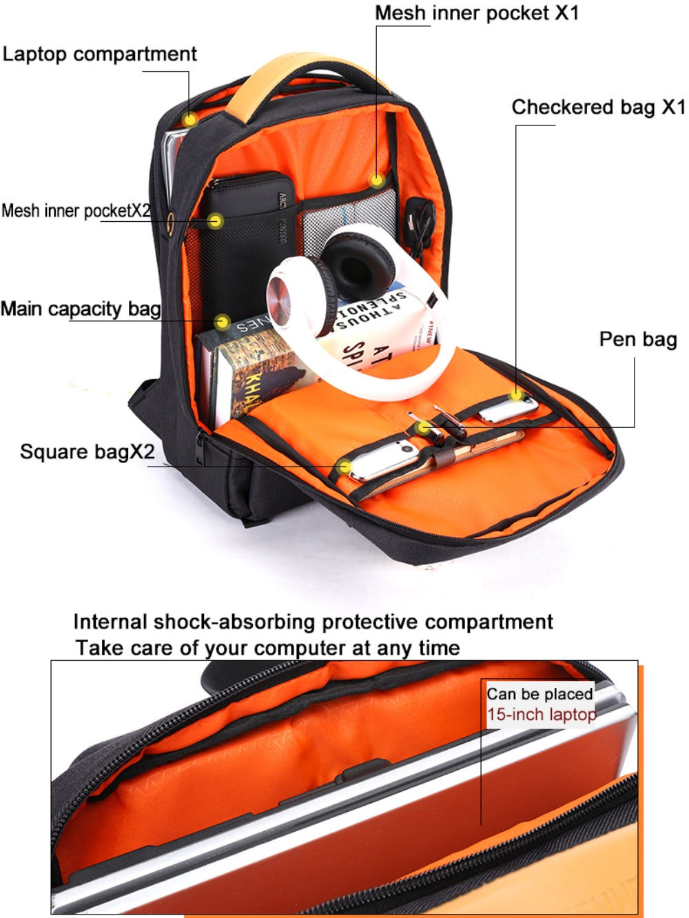 LAVIZAR laptop backpack open showing interior pockets and 15 inch shock absorbing compartment