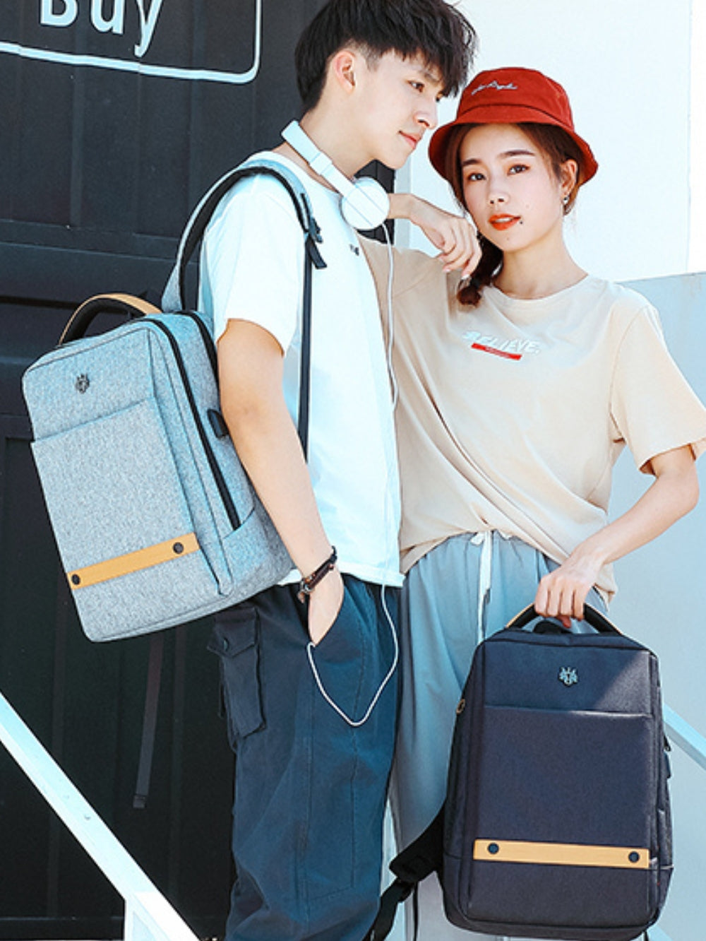 LAVIZAR Korean style nylon laptop backpacks modeled in black and light grey