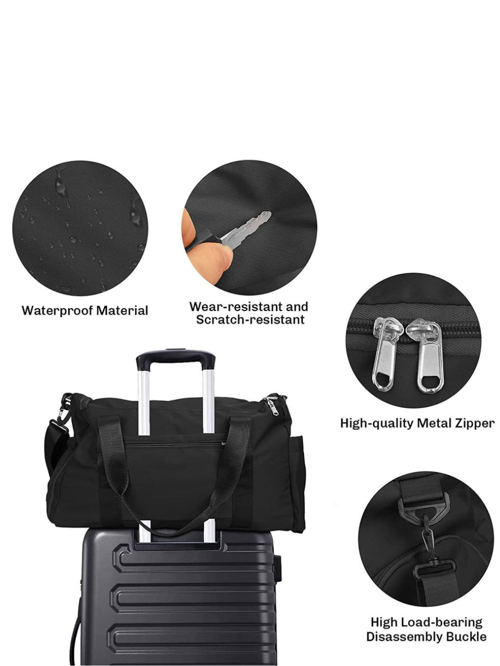 LAVIZAR travel duffle bag mounted on suitcase handle showing waterproof material and metal zipper detail