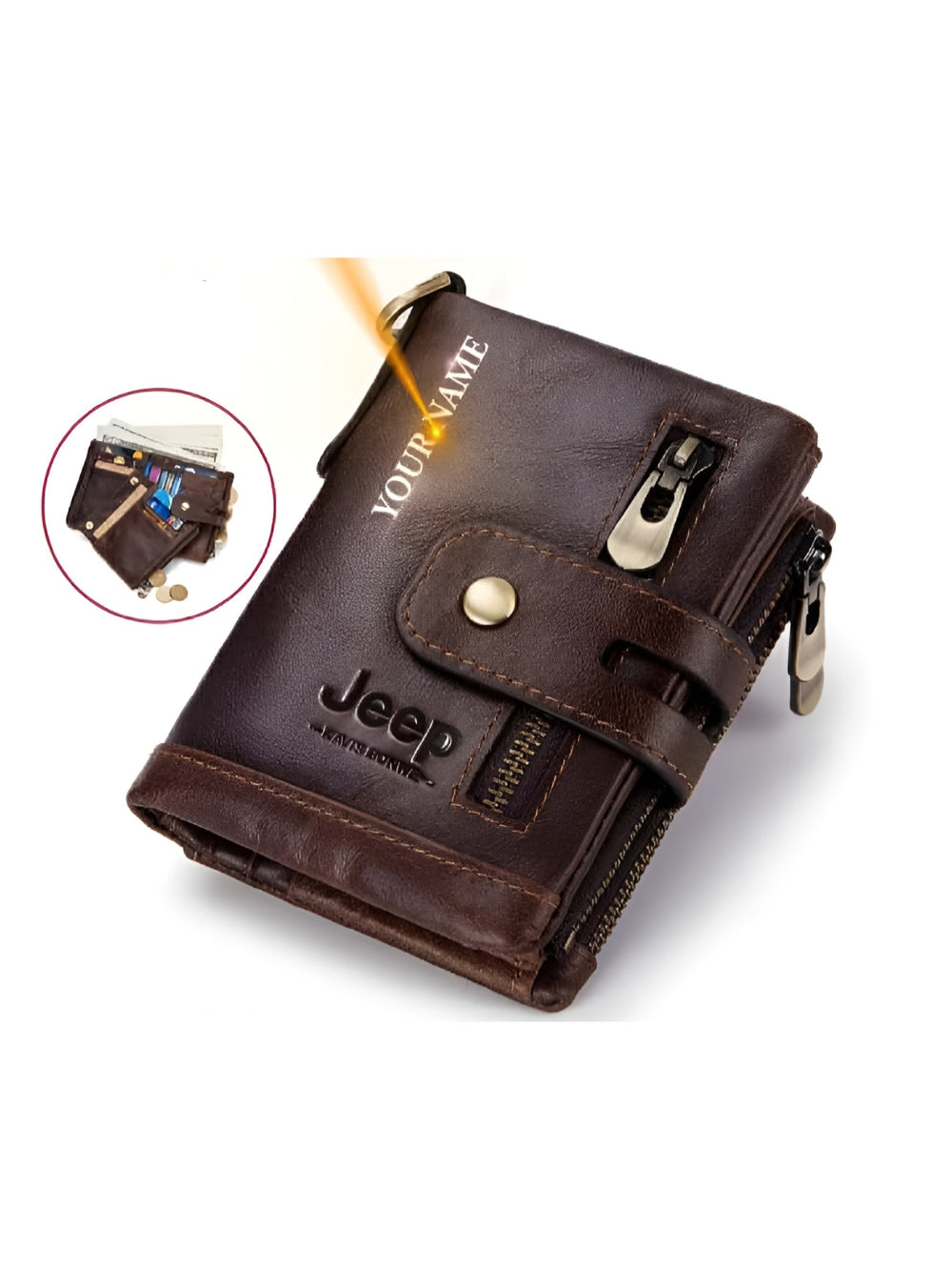 LAVIZAR multi pocket leather bifold wallet front view with snap closure brown color 