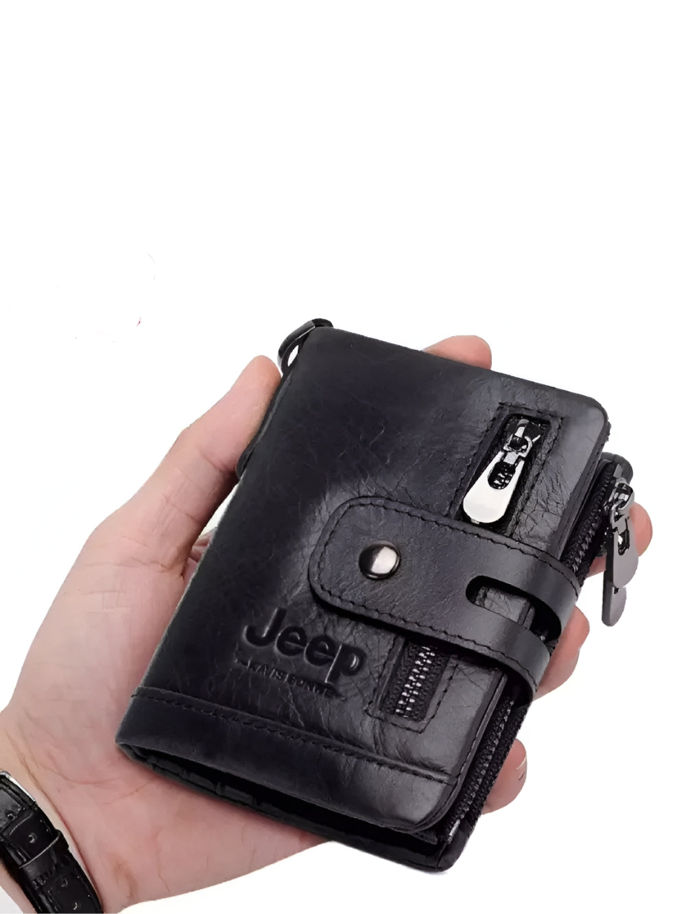LAVIZAR multi pocket leather wallet held in hand lifestyle shot