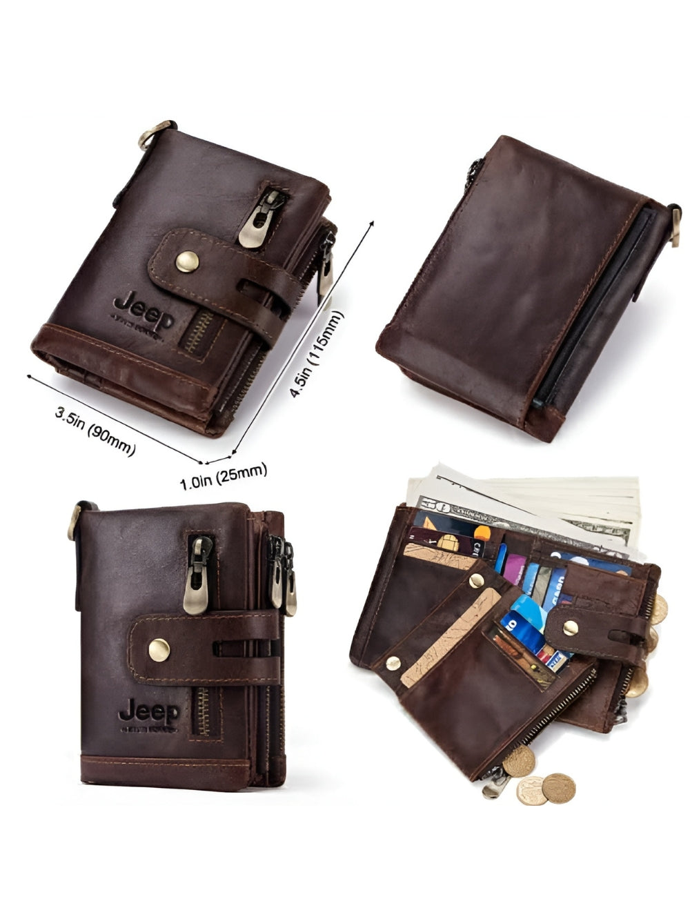 LAVIZAR leather bifold wallet compact dimensions 11.5cm by 9cm