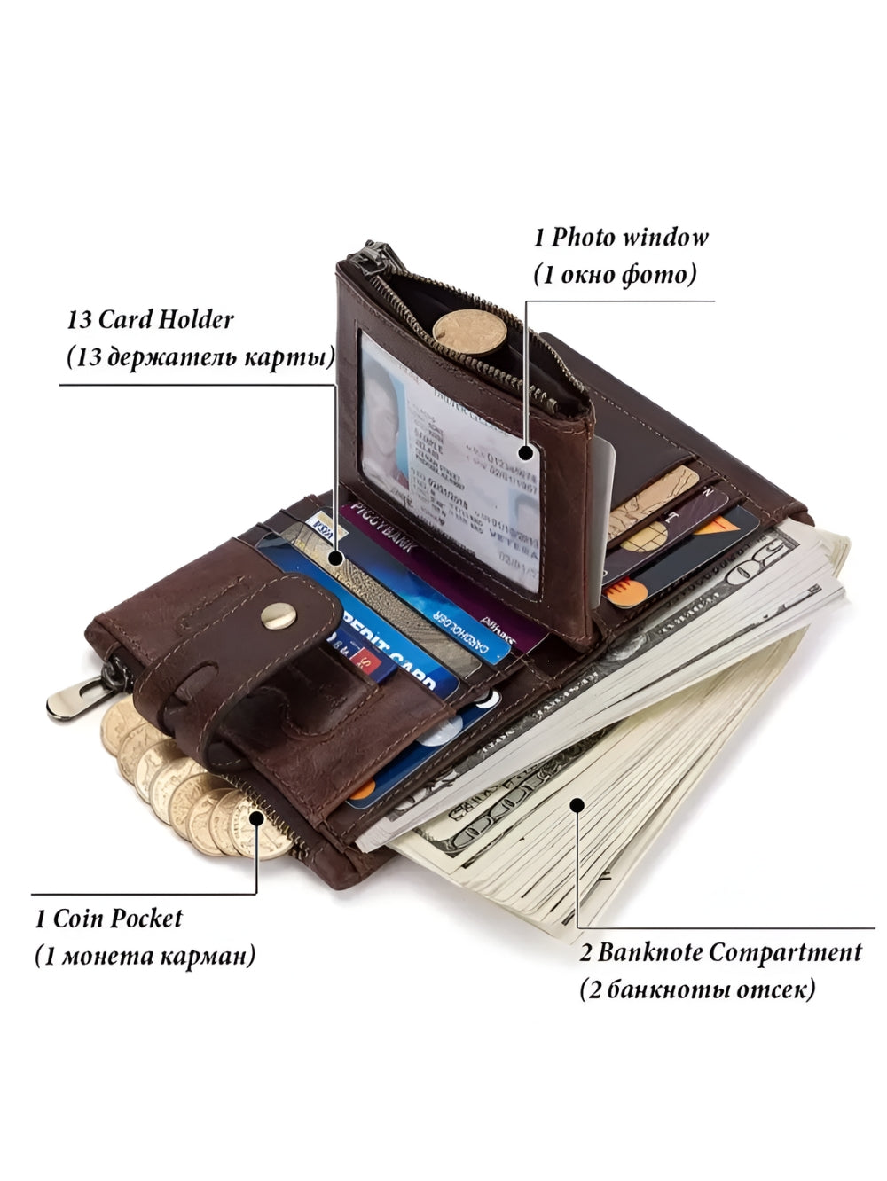 LAVIZAR leather bifold wallet open showing dual zip coin pockets and card slots
