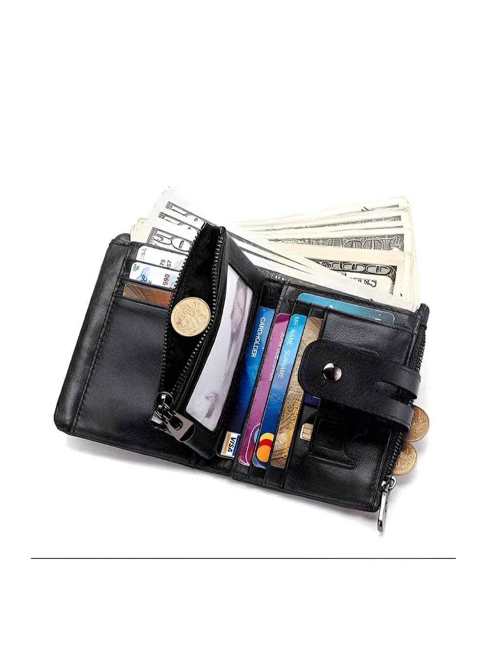 LAVIZAR multi pocket leather bifold wallet front view with snap closure