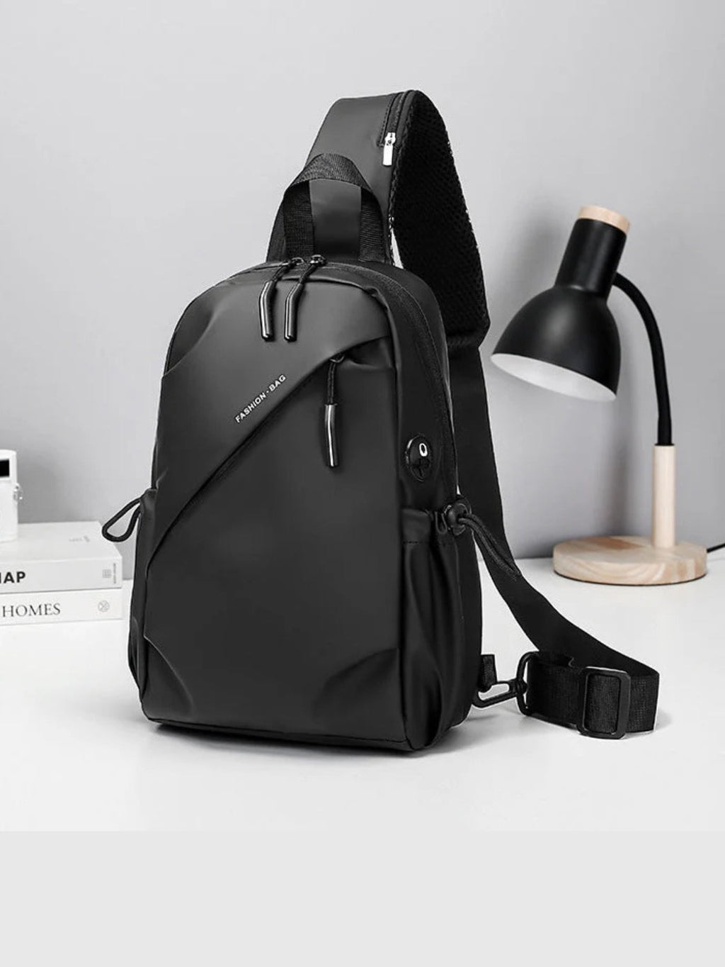 LAVIZAR men compact travel sling bag in black grey and navy colors
