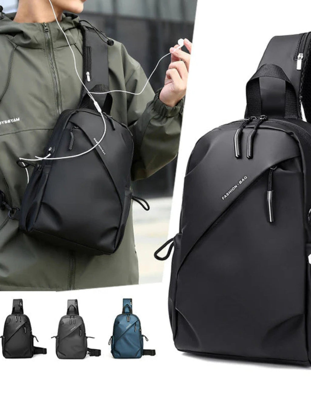LAVIZAR black shoulder sling bag with earphone cable port in use