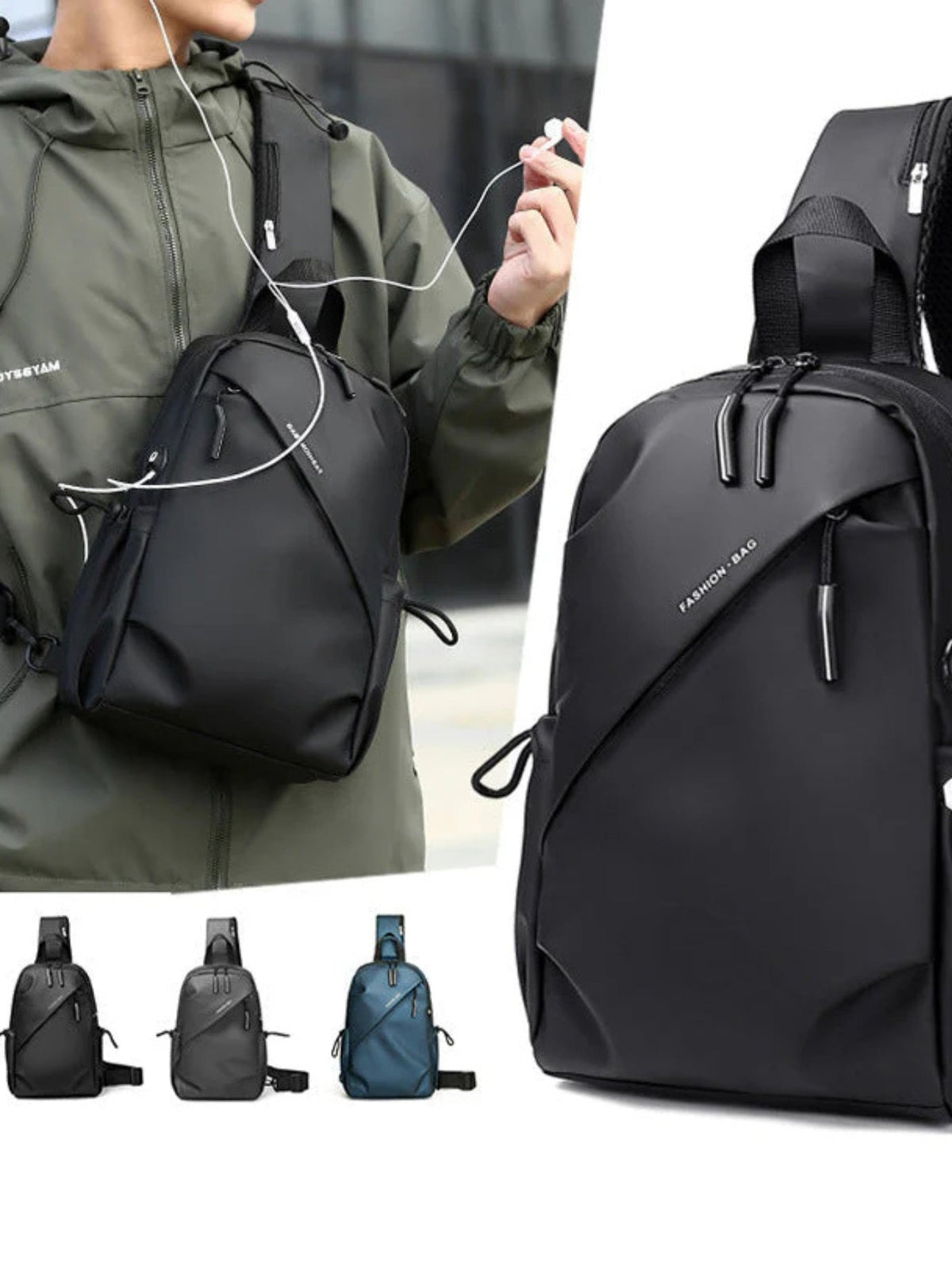 LAVIZAR black shoulder sling bag with earphone cable port in use