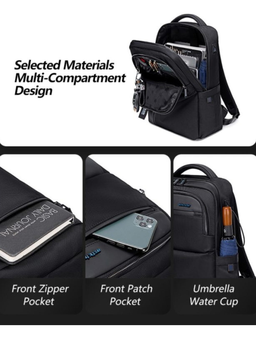LAVIZAR anti theft laptop backpack open showing organized multi compartment interior