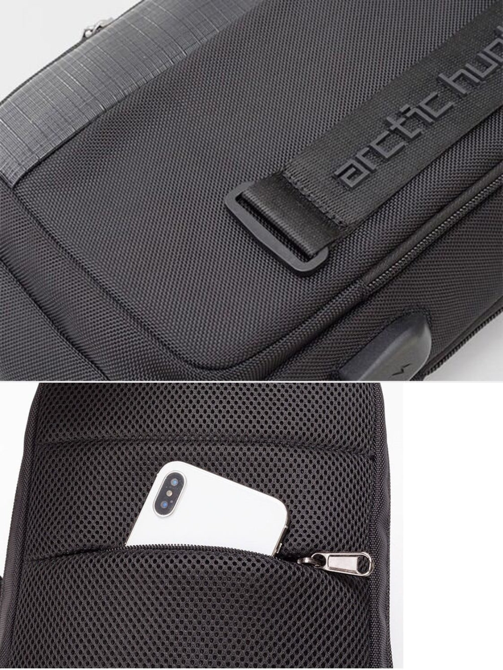 LAVIZAR crossbody bag close up showing USB port and hidden rear anti theft phone pocket