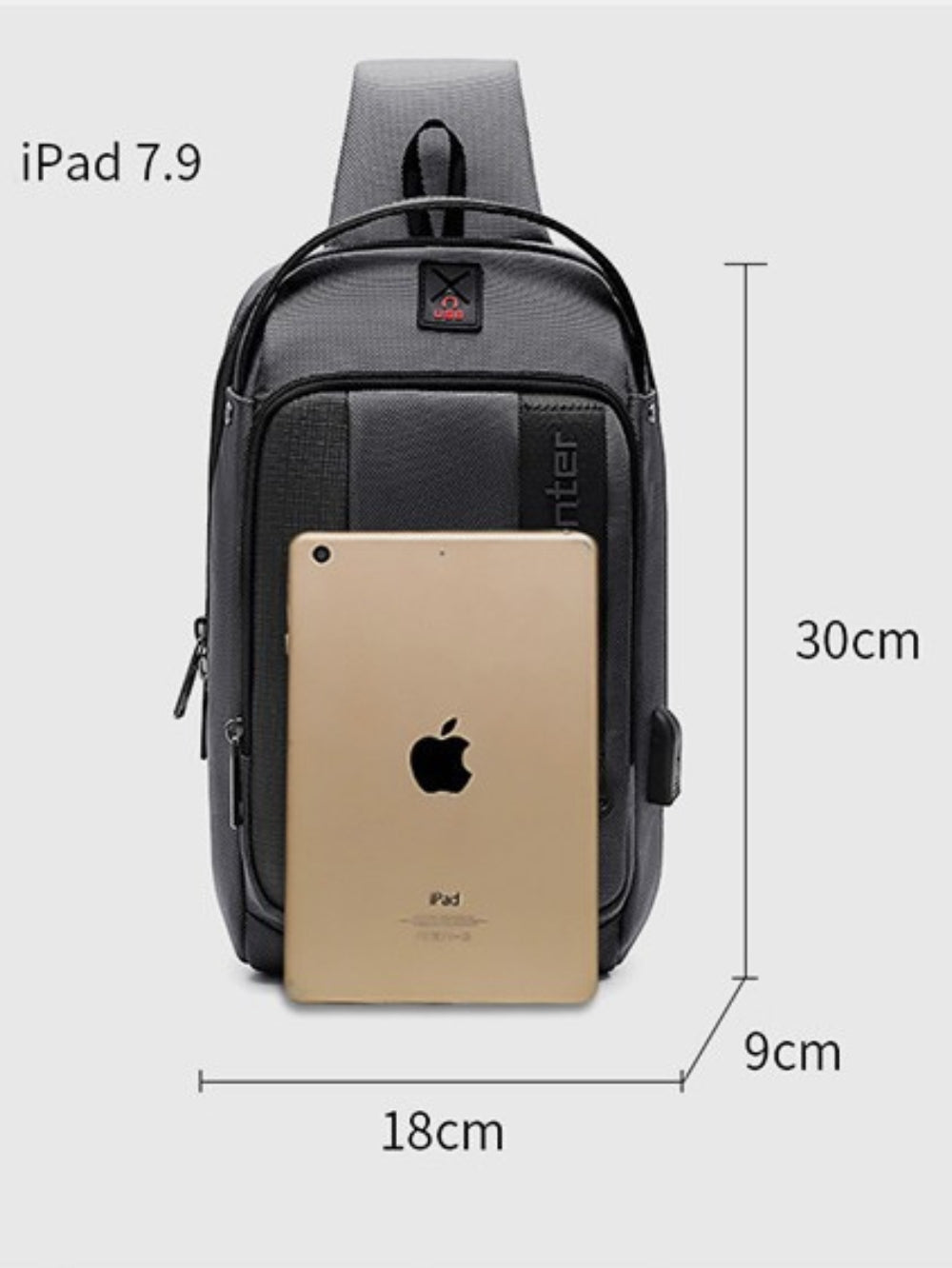 LAVIZAR waterproof chest bag dimensions shown alongside a 7.9 inch iPad